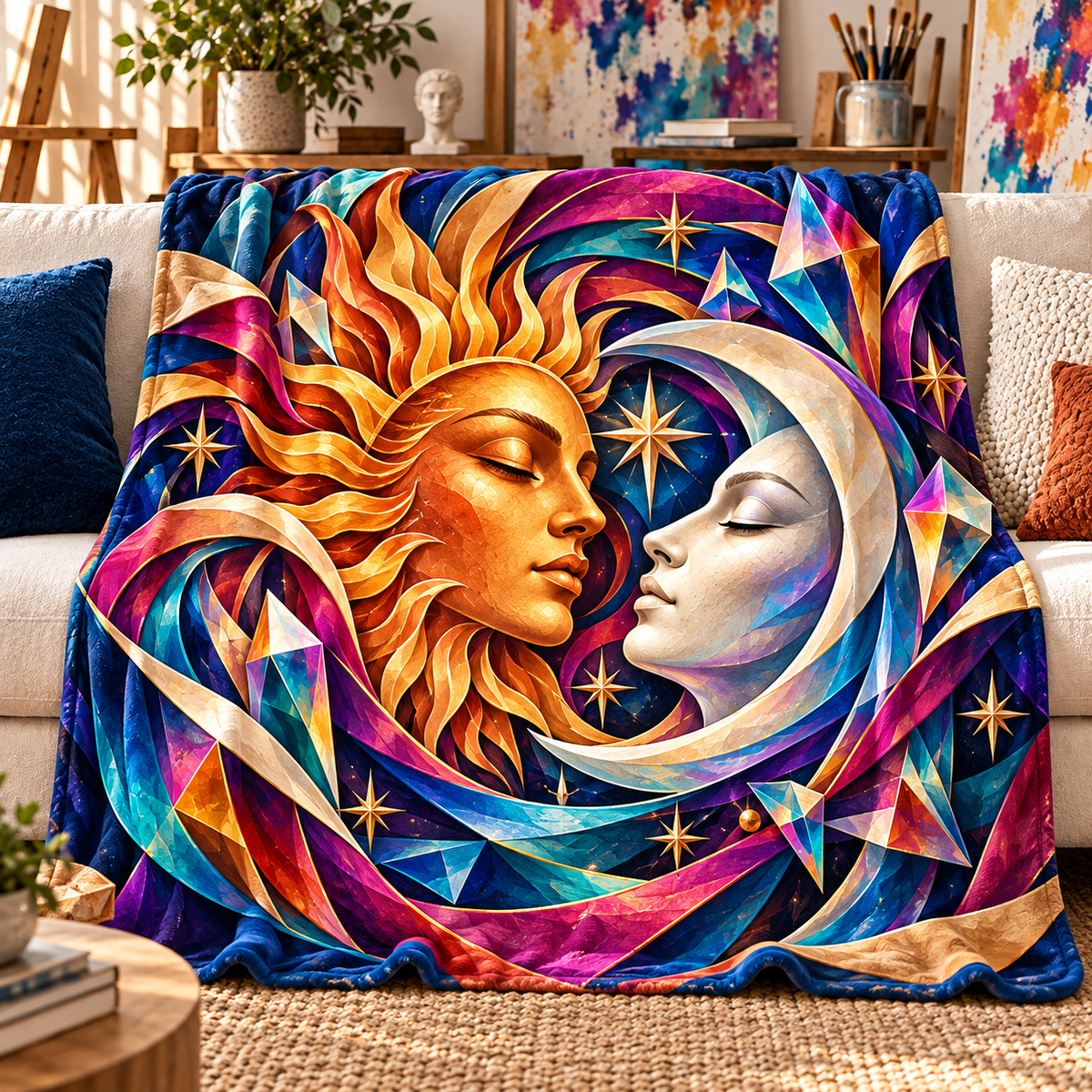 Prismatic Muse Sherpa & Fleece Blanket with printed optical 3D artwork in its use setting