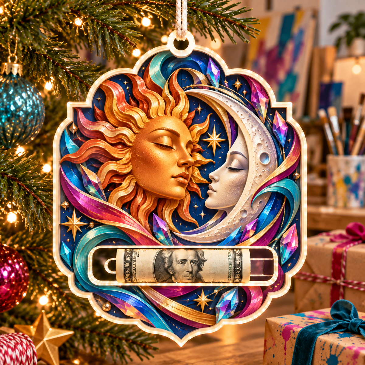 Prismatic Muse Acrylic Cash Holder Ornament with printed optical 3D artwork in its use setting