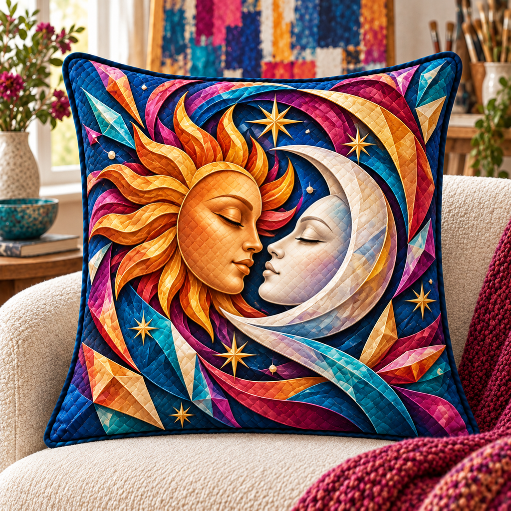 Prismatic Muse Quilted Cushion Cover with printed optical 3D artwork in its use setting