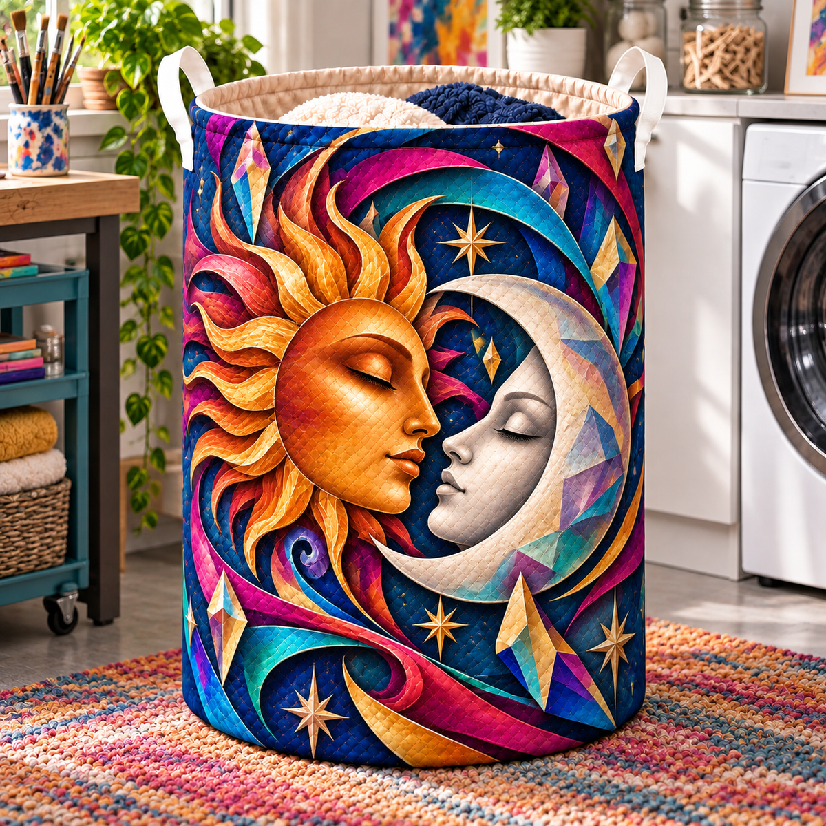 Prismatic Muse Laundry Hamper with printed optical 3D artwork in its use setting