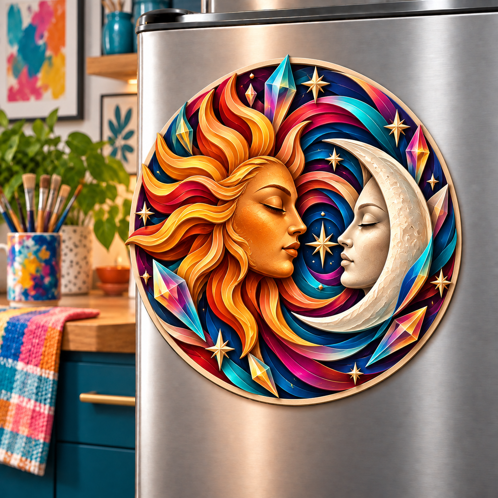 Prismatic Muse Acrylic Refrigerator Magnet with printed optical 3D artwork in its use setting