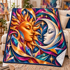 Prismatic Muse Quilt Blanket with printed optical 3D artwork in its use setting