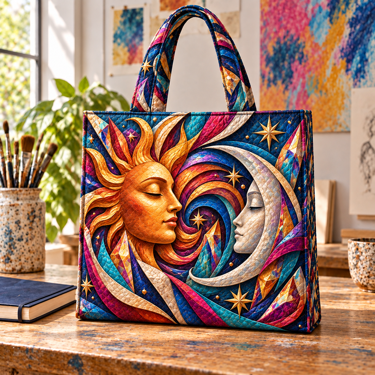 Prismatic Muse Quilted Tote Bag with printed optical 3D artwork in its use setting