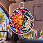 Prismatic Muse Holographic Car Visor Clip with printed optical 3D artwork in its use setting