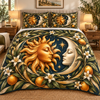 Golden Welcome Quilted Bedding Set with printed optical 3D artwork in its use setting