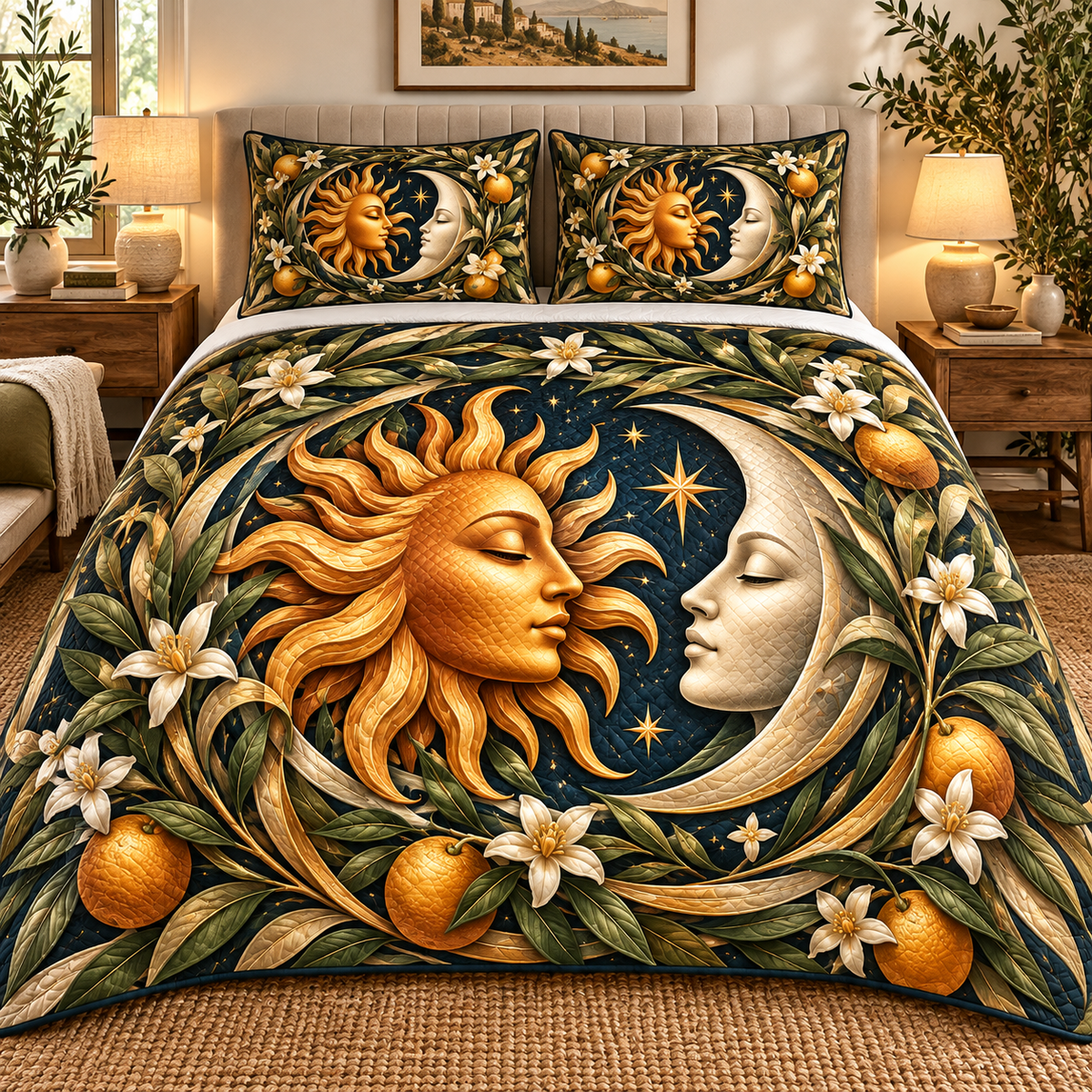 Golden Welcome Quilted Bedding Set with printed optical 3D artwork in its use setting