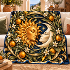 Golden Welcome Sherpa & Fleece Blanket with printed optical 3D artwork in its use setting