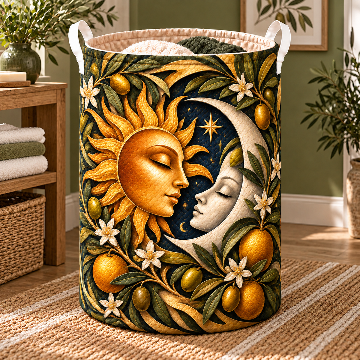 Golden Welcome Laundry Hamper with printed optical 3D artwork in its use setting