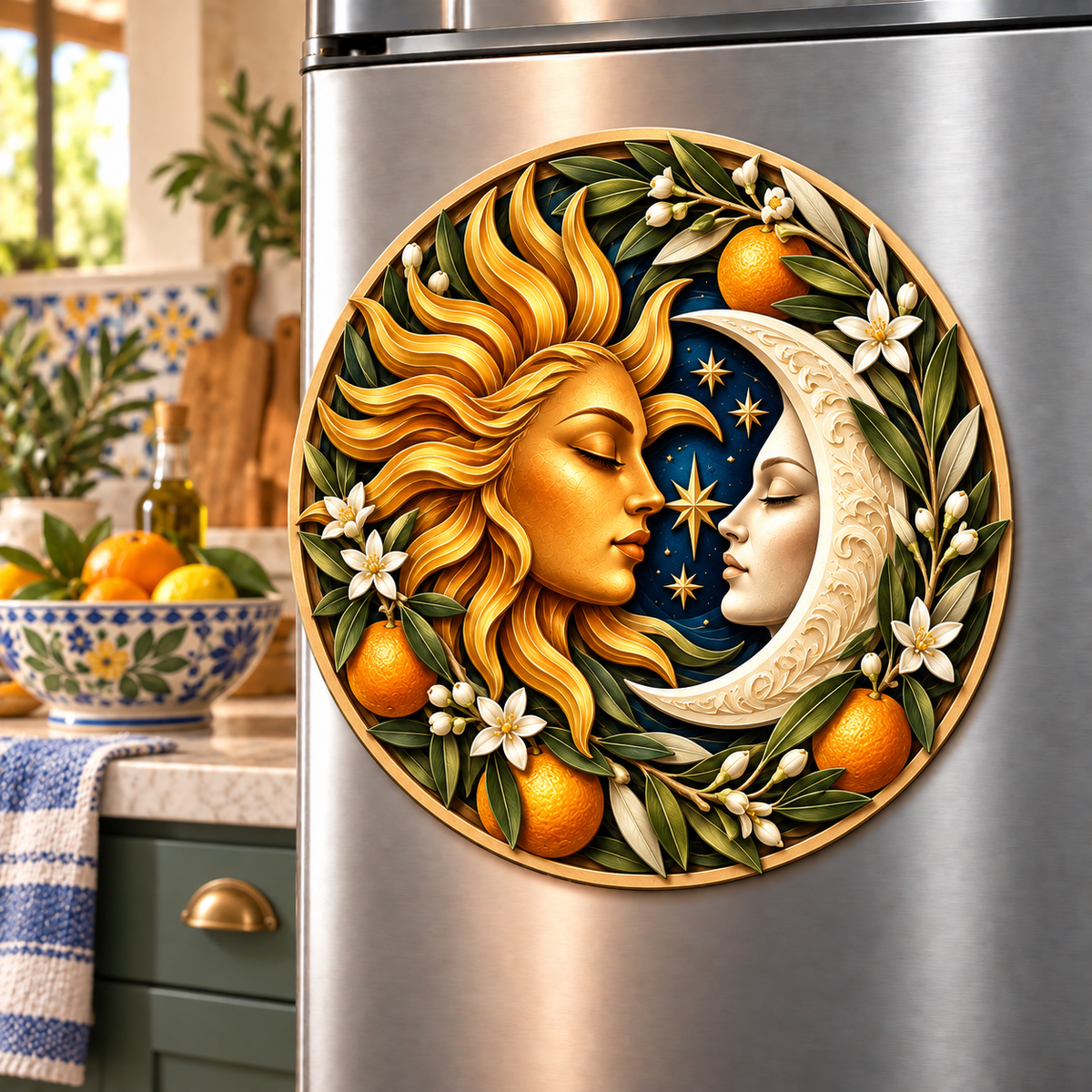Golden Welcome Acrylic Refrigerator Magnet with printed optical 3D artwork in its use setting