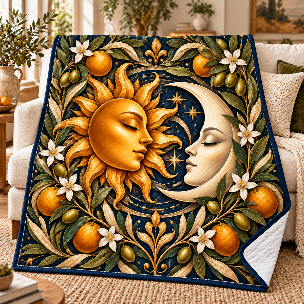 Golden Welcome Quilt Blanket with printed optical 3D artwork in its use setting