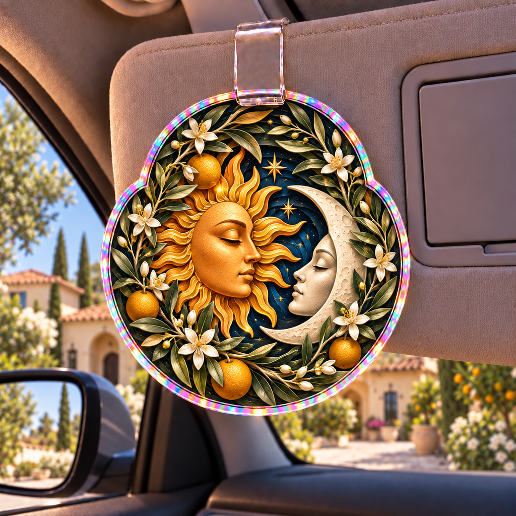 Golden Welcome Holographic Car Visor Clip with printed optical 3D artwork in its use setting