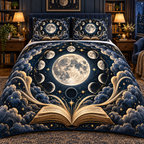 Moonlit Chapters Quilted Bedding Set with printed optical 3D artwork in its use setting