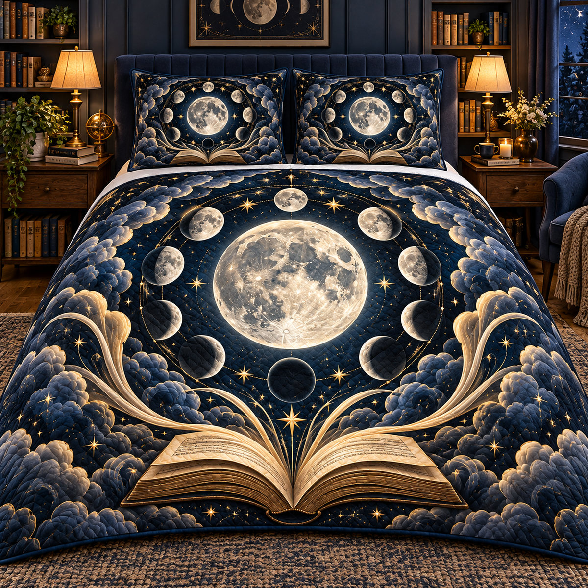 Moonlit Chapters Quilted Bedding Set with printed optical 3D artwork in its use setting
