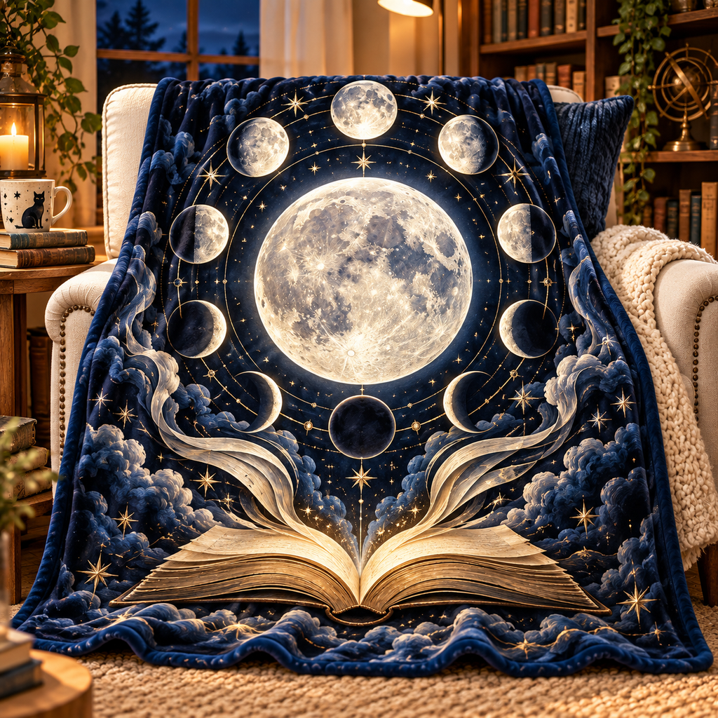 Moonlit Chapters Sherpa & Fleece Blanket with printed optical 3D artwork in its use setting