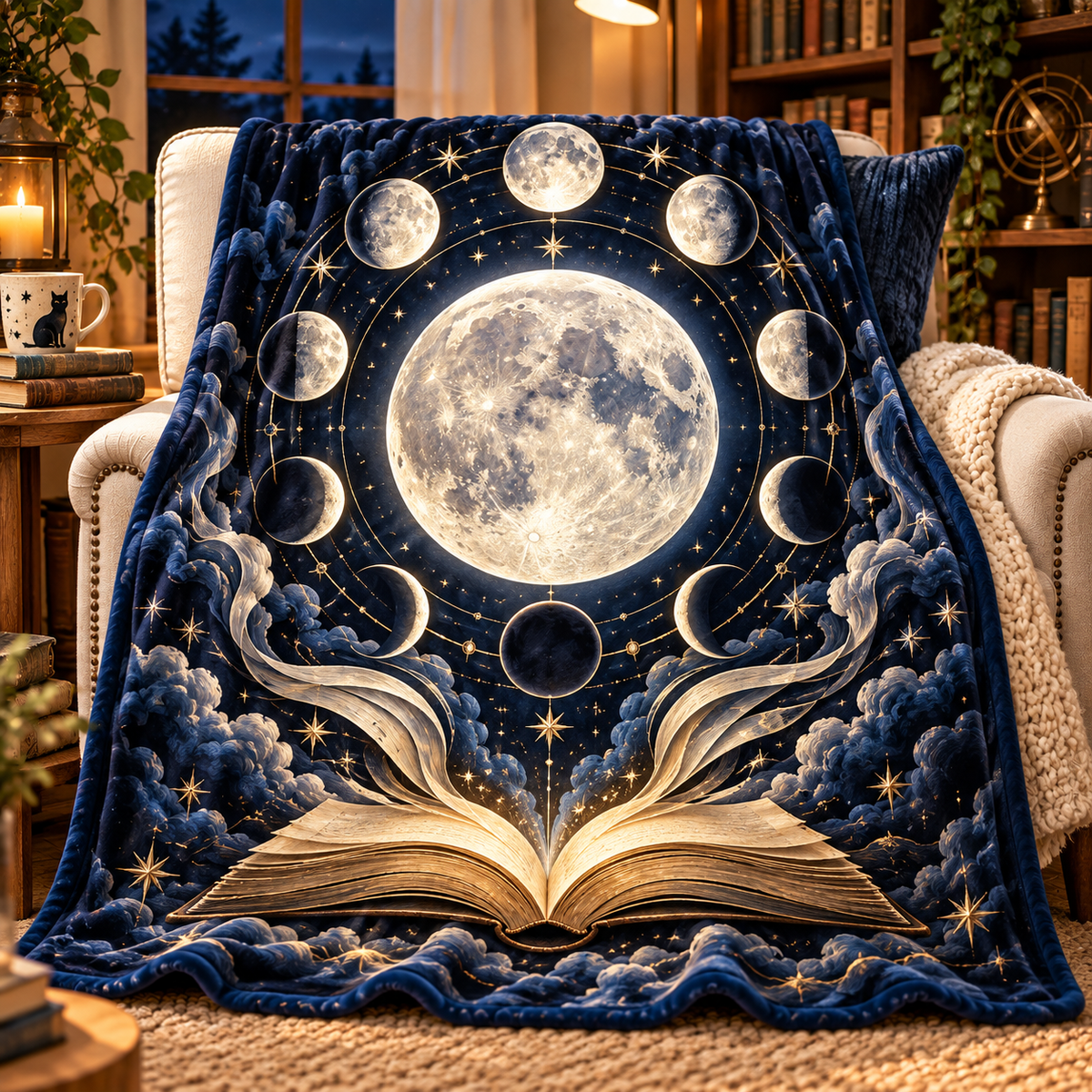 Moonlit Chapters Sherpa & Fleece Blanket with printed optical 3D artwork in its use setting