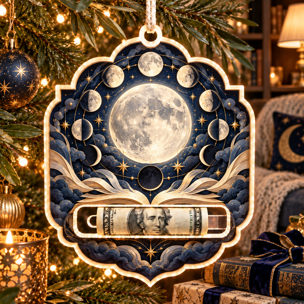 Moonlit Chapters Acrylic Cash Holder Ornament with printed optical 3D artwork in its use setting