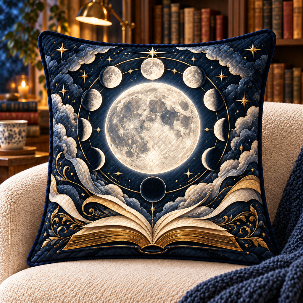 Moonlit Chapters Quilted Cushion Cover with printed optical 3D artwork in its use setting