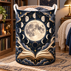 Moonlit Chapters Laundry Hamper with printed optical 3D artwork in its use setting