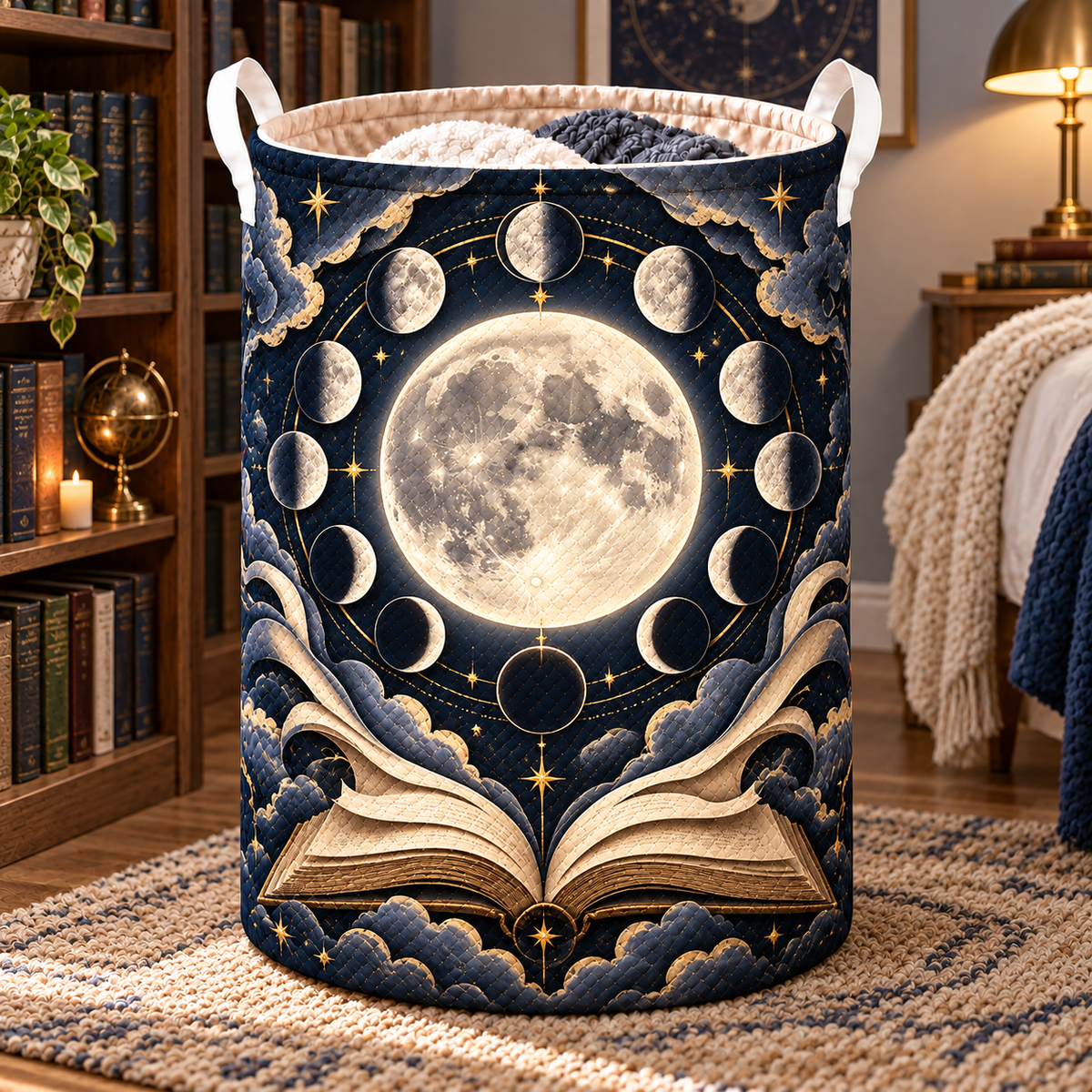 Moonlit Chapters Laundry Hamper with printed optical 3D artwork in its use setting