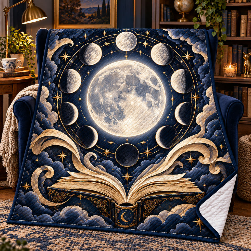 Moonlit Chapters Quilt Blanket with printed optical 3D artwork in its use setting