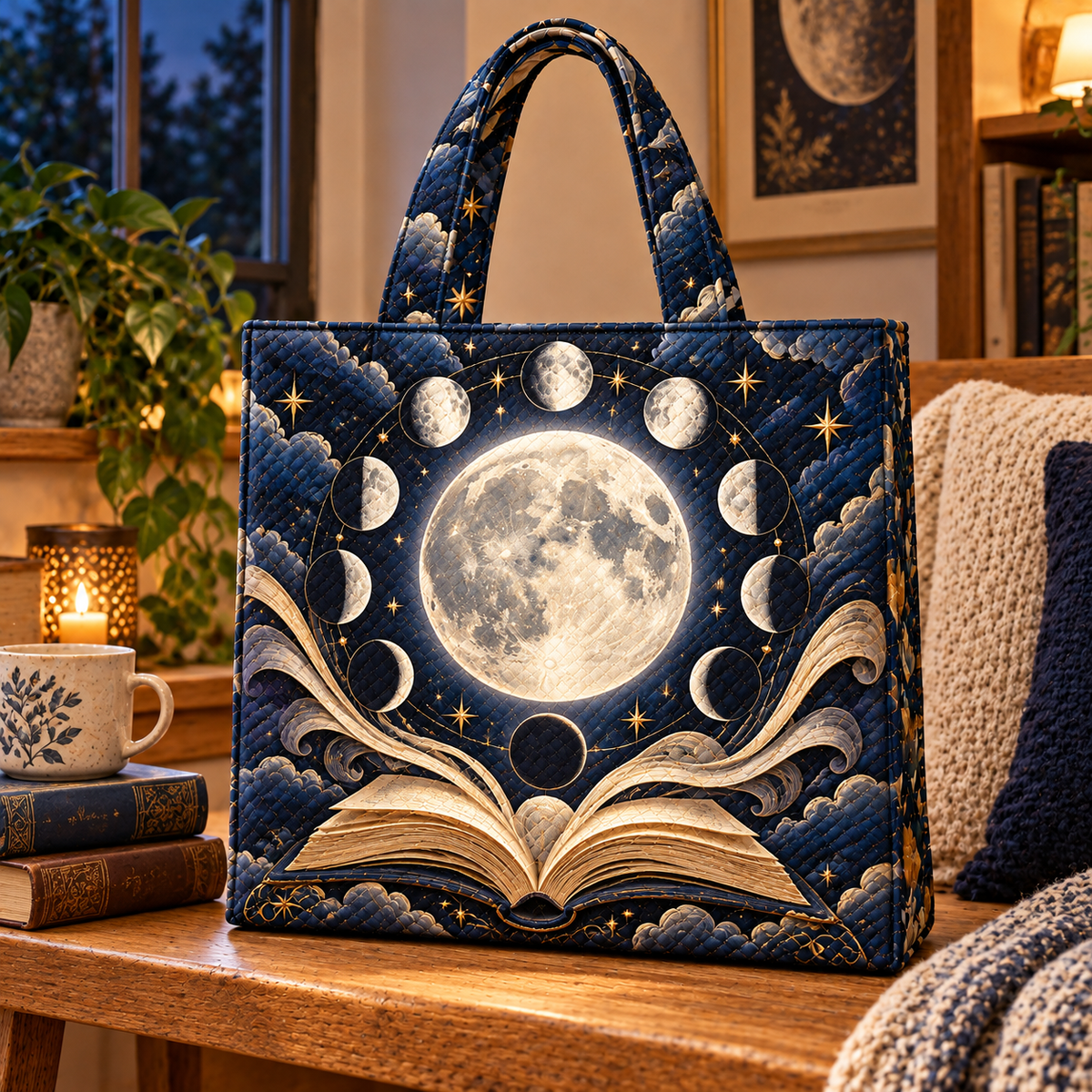 Moonlit Chapters Quilted Tote Bag with printed optical 3D artwork in its use setting