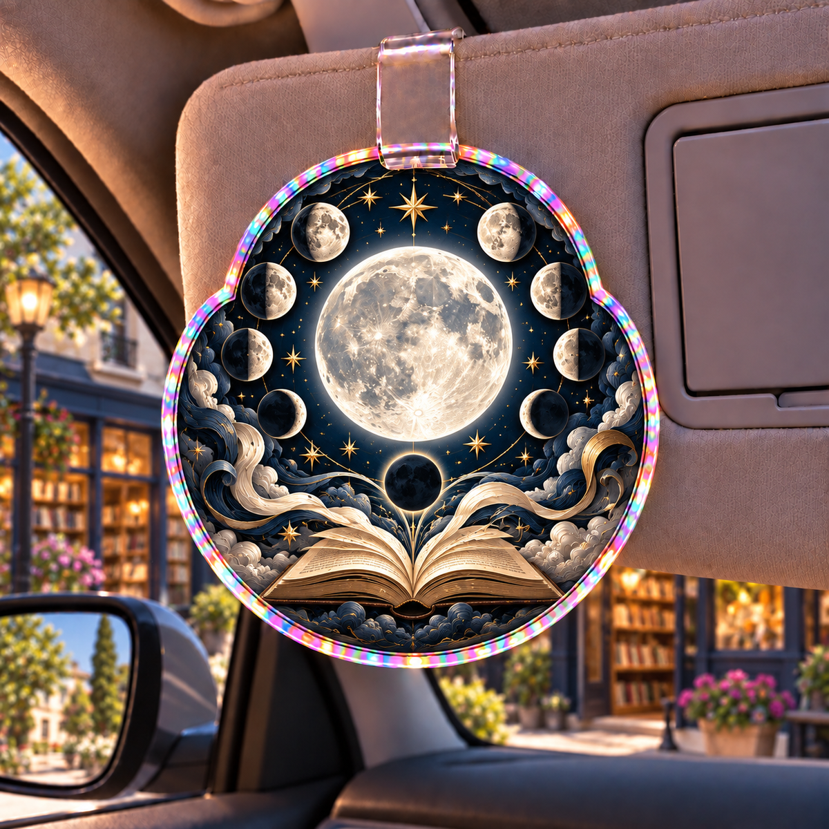 Moonlit Chapters Holographic Car Visor Clip with printed optical 3D artwork in its use setting