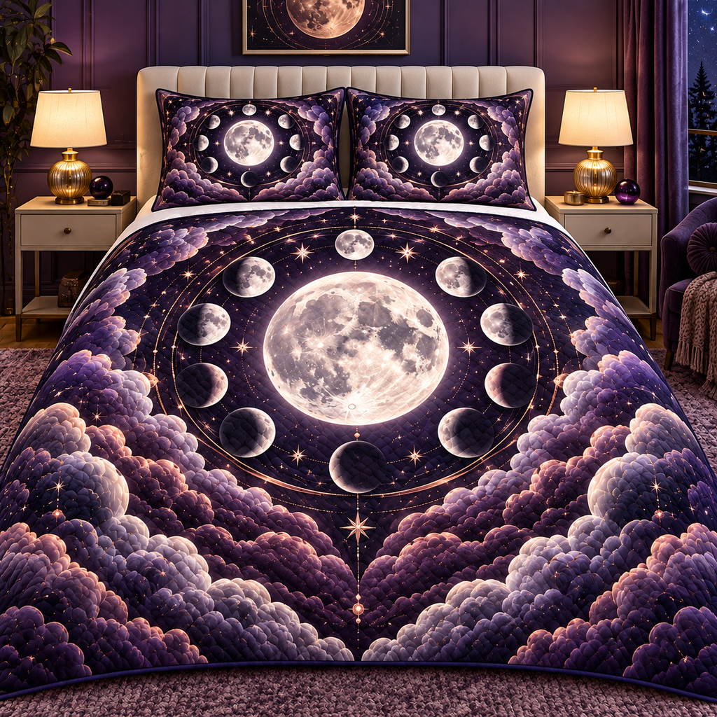 Lunar Velvet Quilted Bedding Set with printed optical 3D artwork in its use setting