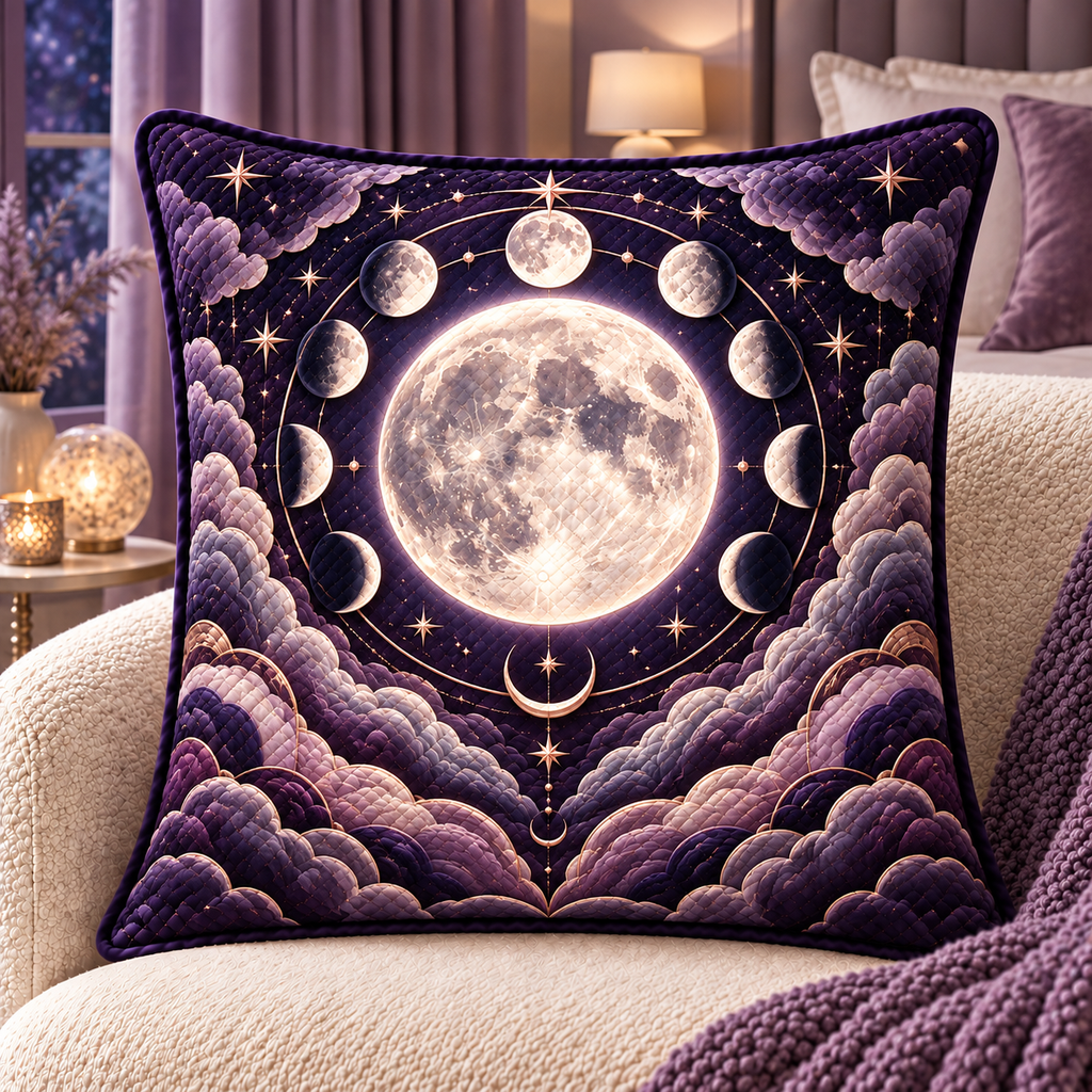 Lunar Velvet Quilted Cushion Cover with printed optical 3D artwork in its use setting