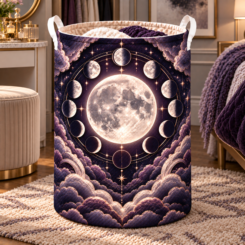 Lunar Velvet Laundry Hamper with printed optical 3D artwork in its use setting