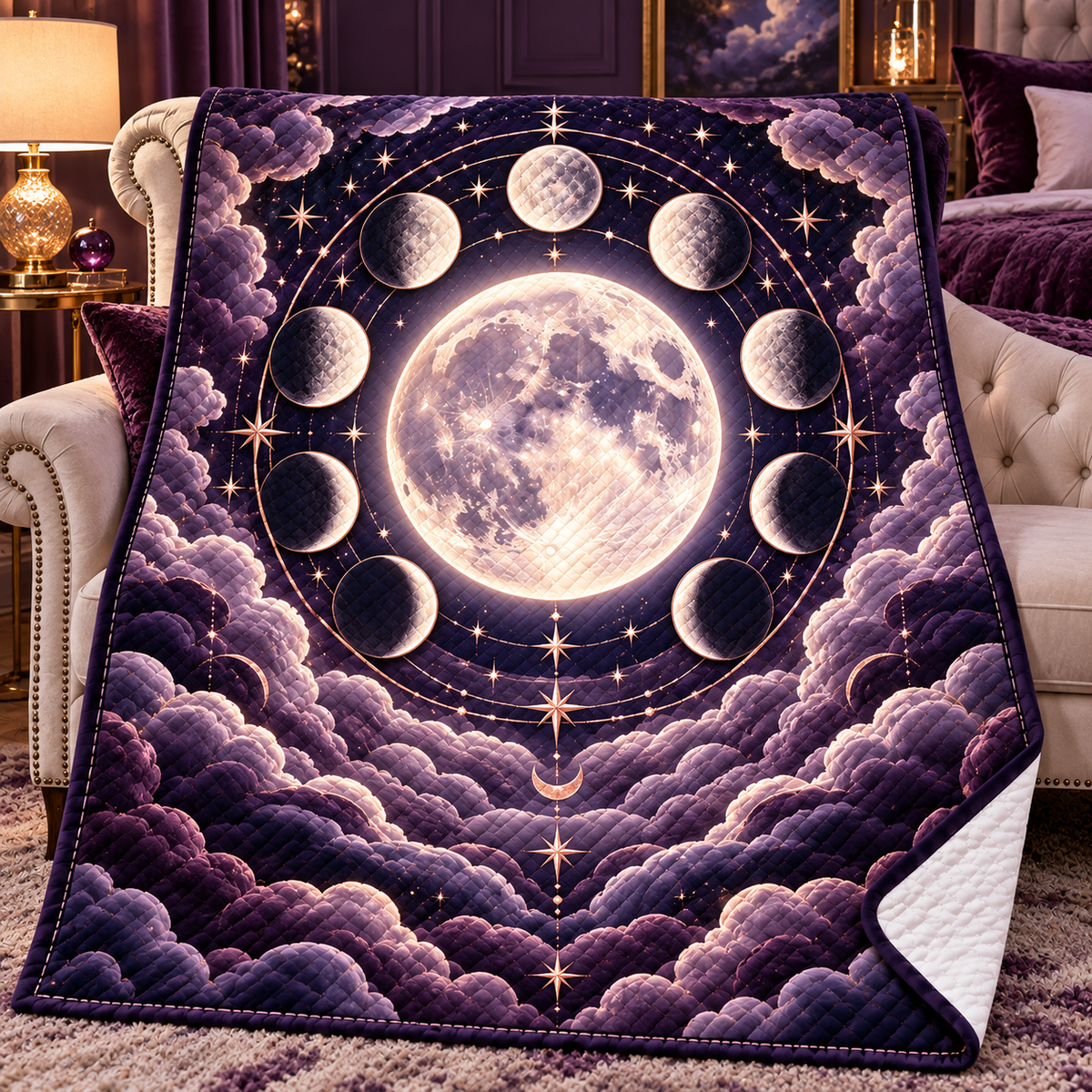 Lunar Velvet Quilt Blanket with printed optical 3D artwork in its use setting