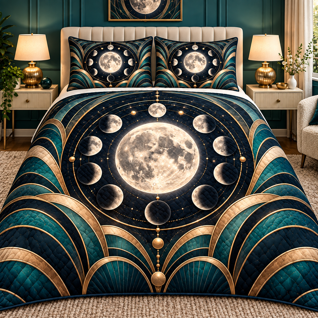 Orbit Grandeur Quilted Bedding Set with printed optical 3D artwork in its use setting