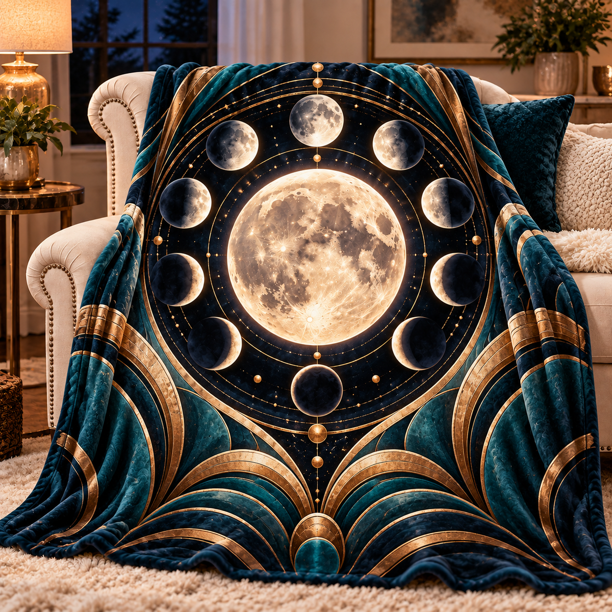 Orbit Grandeur Sherpa & Fleece Blanket with printed optical 3D artwork in its use setting