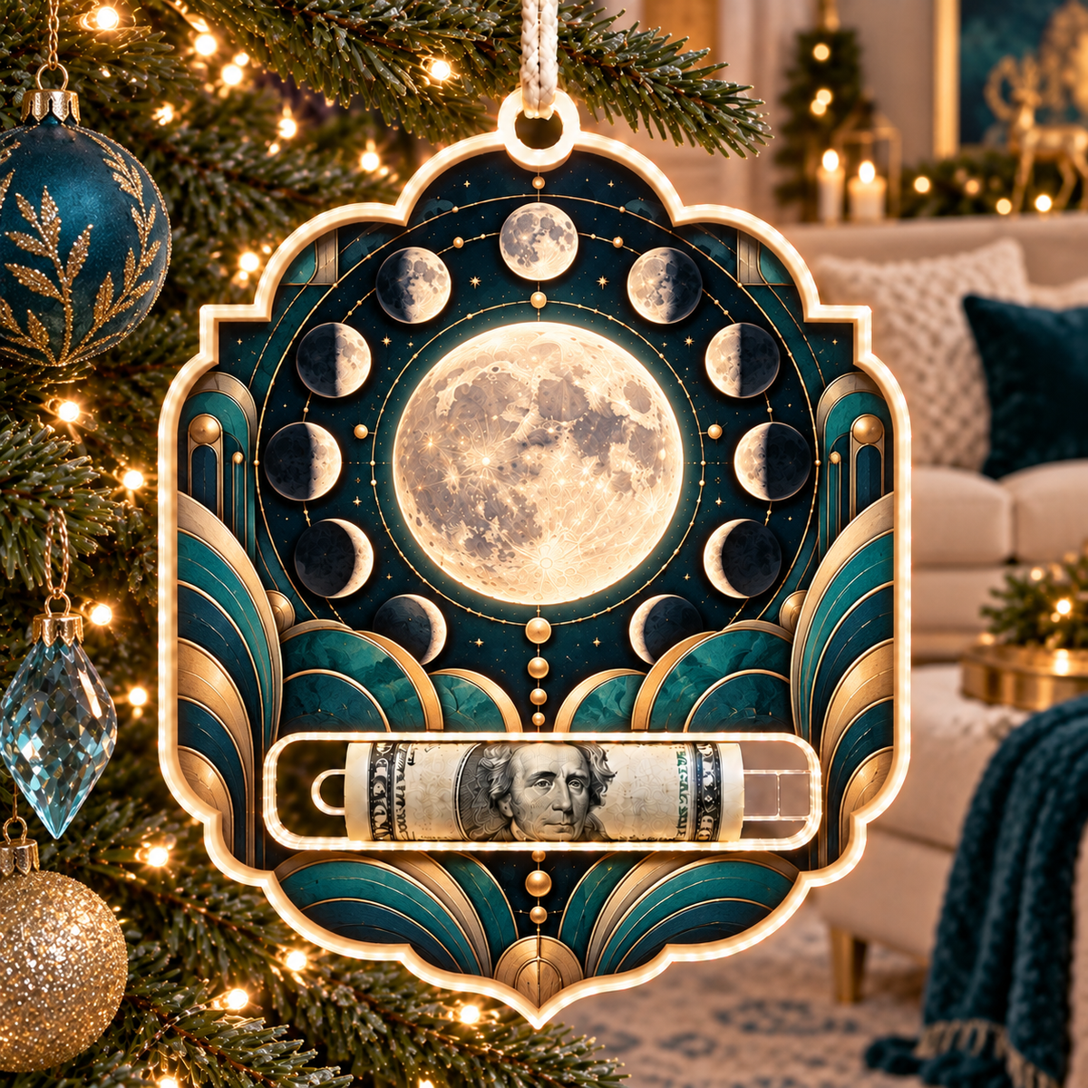 Orbit Grandeur Acrylic Cash Holder Ornament with printed optical 3D artwork in its use setting