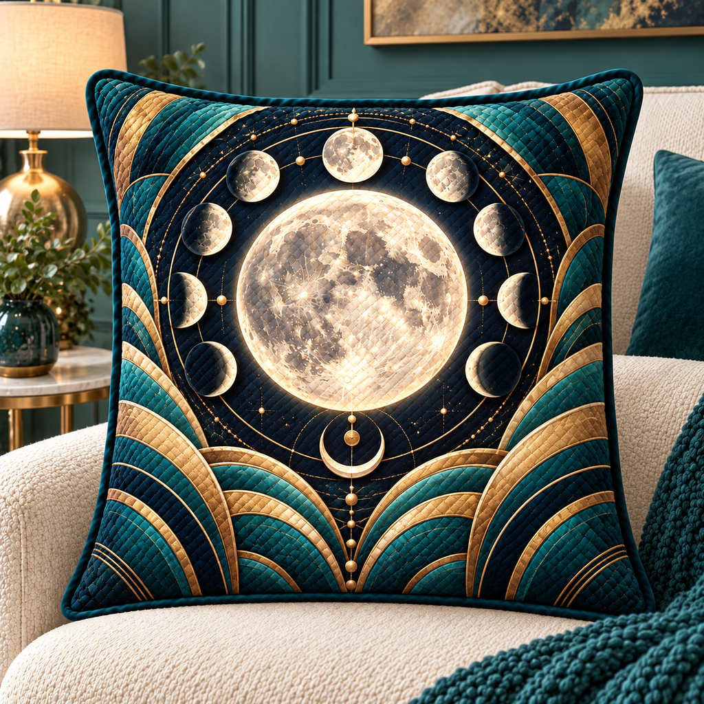 Orbit Grandeur Quilted Cushion Cover with printed optical 3D artwork in its use setting