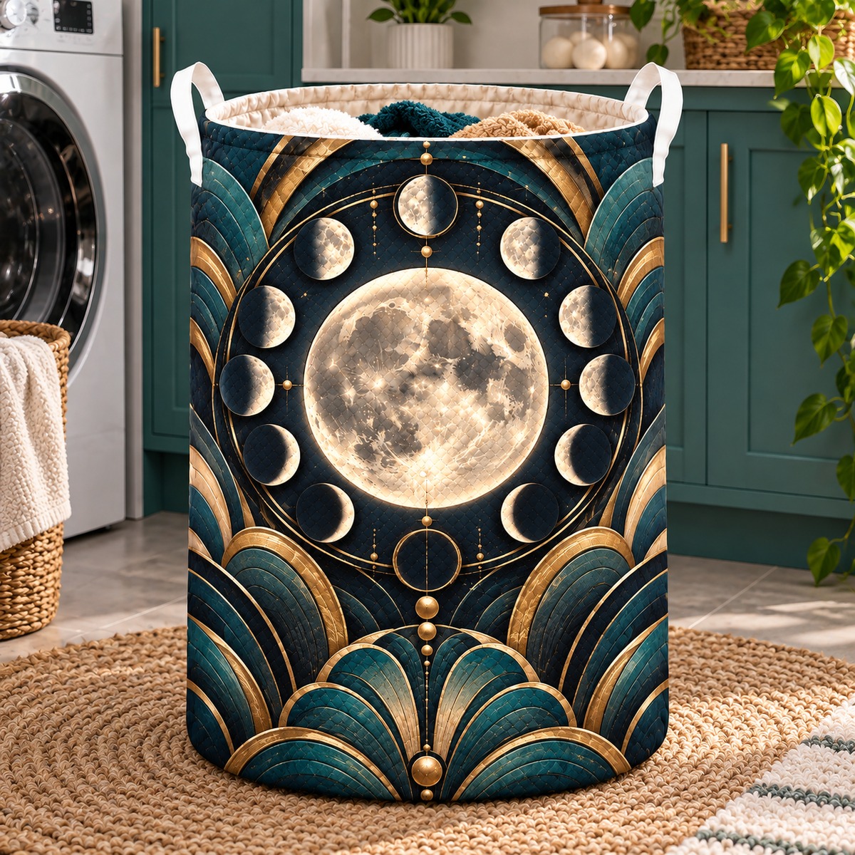 Orbit Grandeur Laundry Hamper with printed optical 3D artwork in its use setting