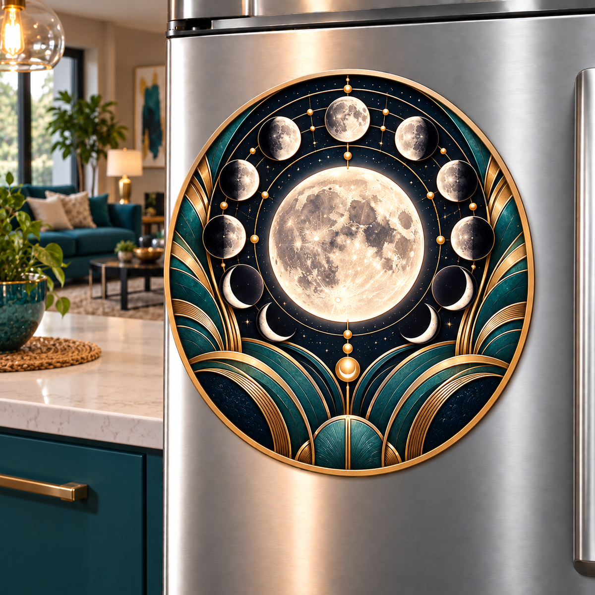 Orbit Grandeur Acrylic Refrigerator Magnet with printed optical 3D artwork in its use setting