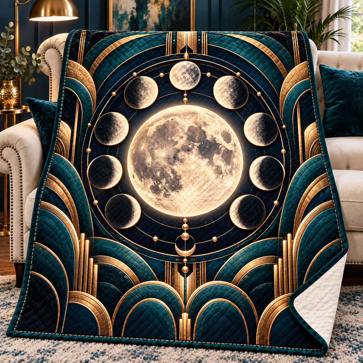 Orbit Grandeur Quilt Blanket with printed optical 3D artwork in its use setting
