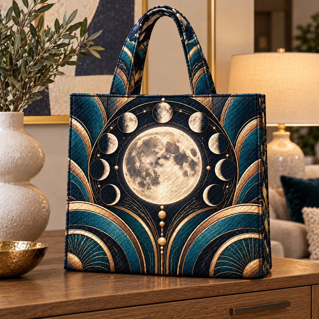 Orbit Grandeur Quilted Tote Bag with printed optical 3D artwork in its use setting
