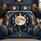 Lunar Blueprint Quilted Bedding Set with printed optical 3D artwork in its use setting