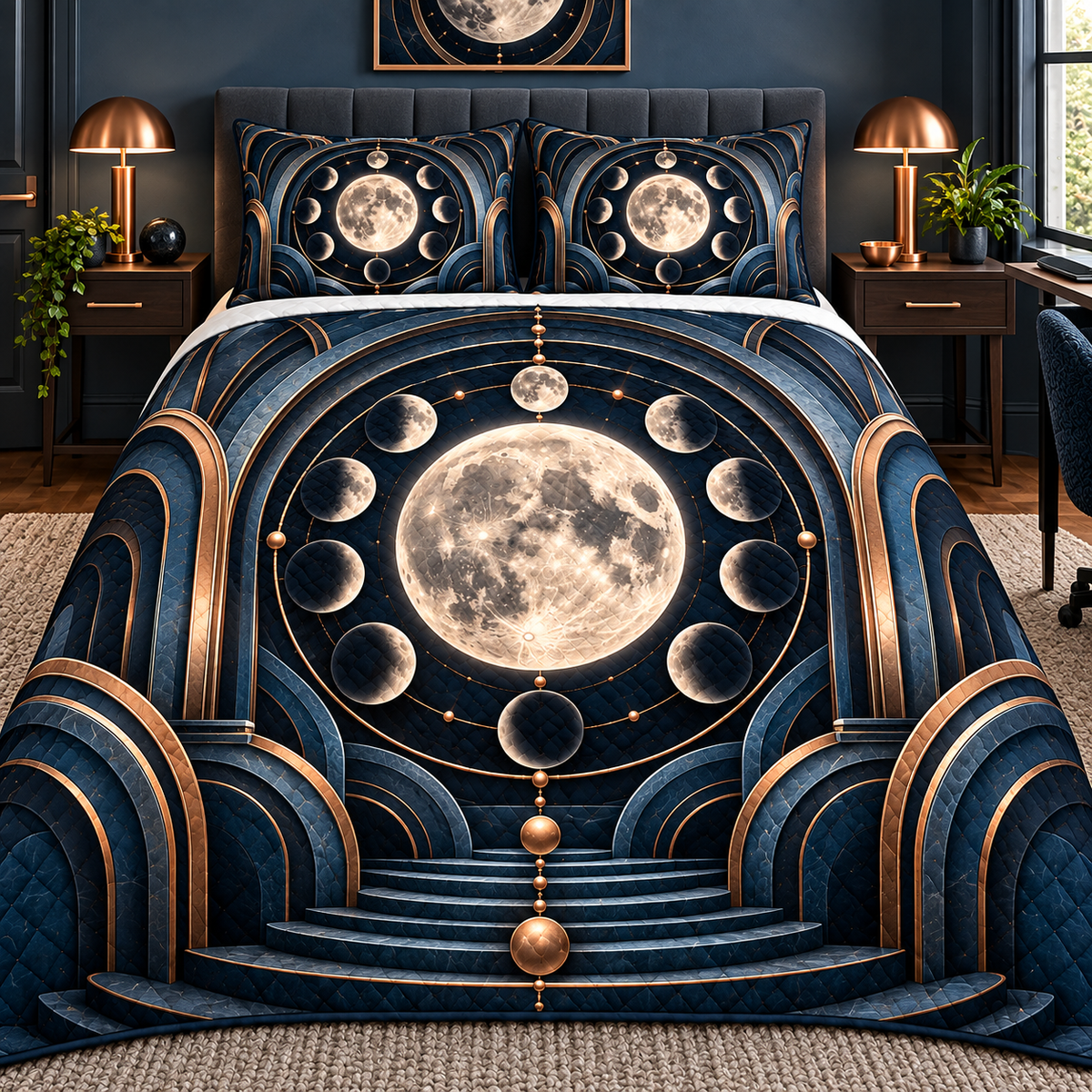 Lunar Blueprint Quilted Bedding Set with printed optical 3D artwork in its use setting