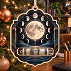Lunar Blueprint Acrylic Cash Holder Ornament with printed optical 3D artwork in its use setting