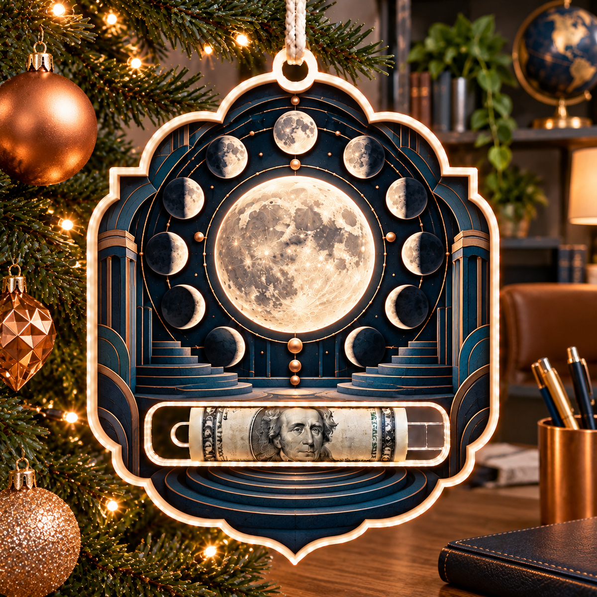 Lunar Blueprint Acrylic Cash Holder Ornament with printed optical 3D artwork in its use setting