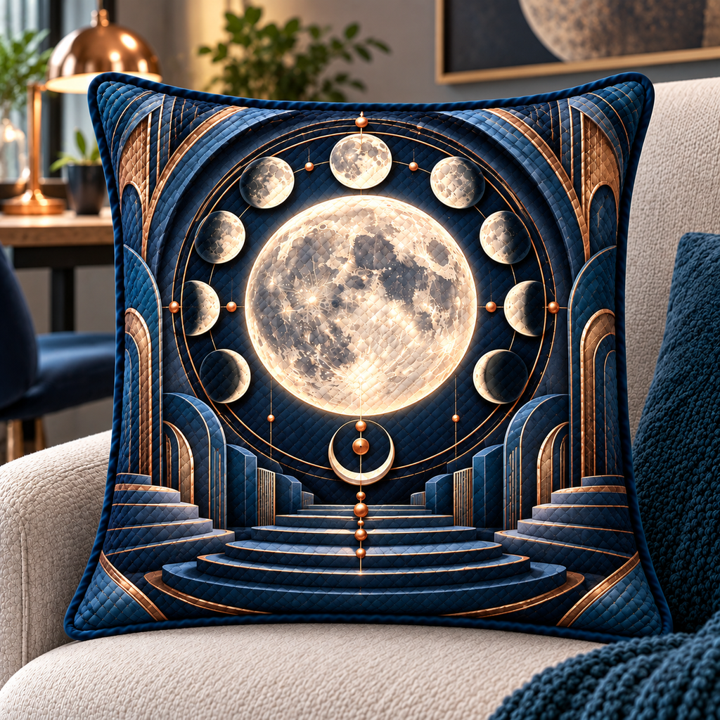 Lunar Blueprint Quilted Cushion Cover with printed optical 3D artwork in its use setting