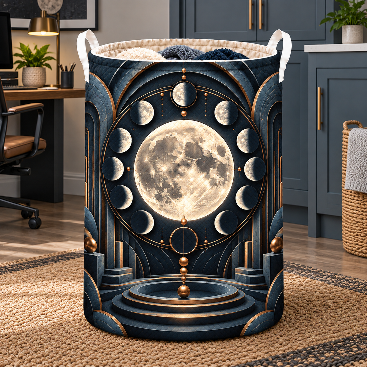 Lunar Blueprint Laundry Hamper with printed optical 3D artwork in its use setting