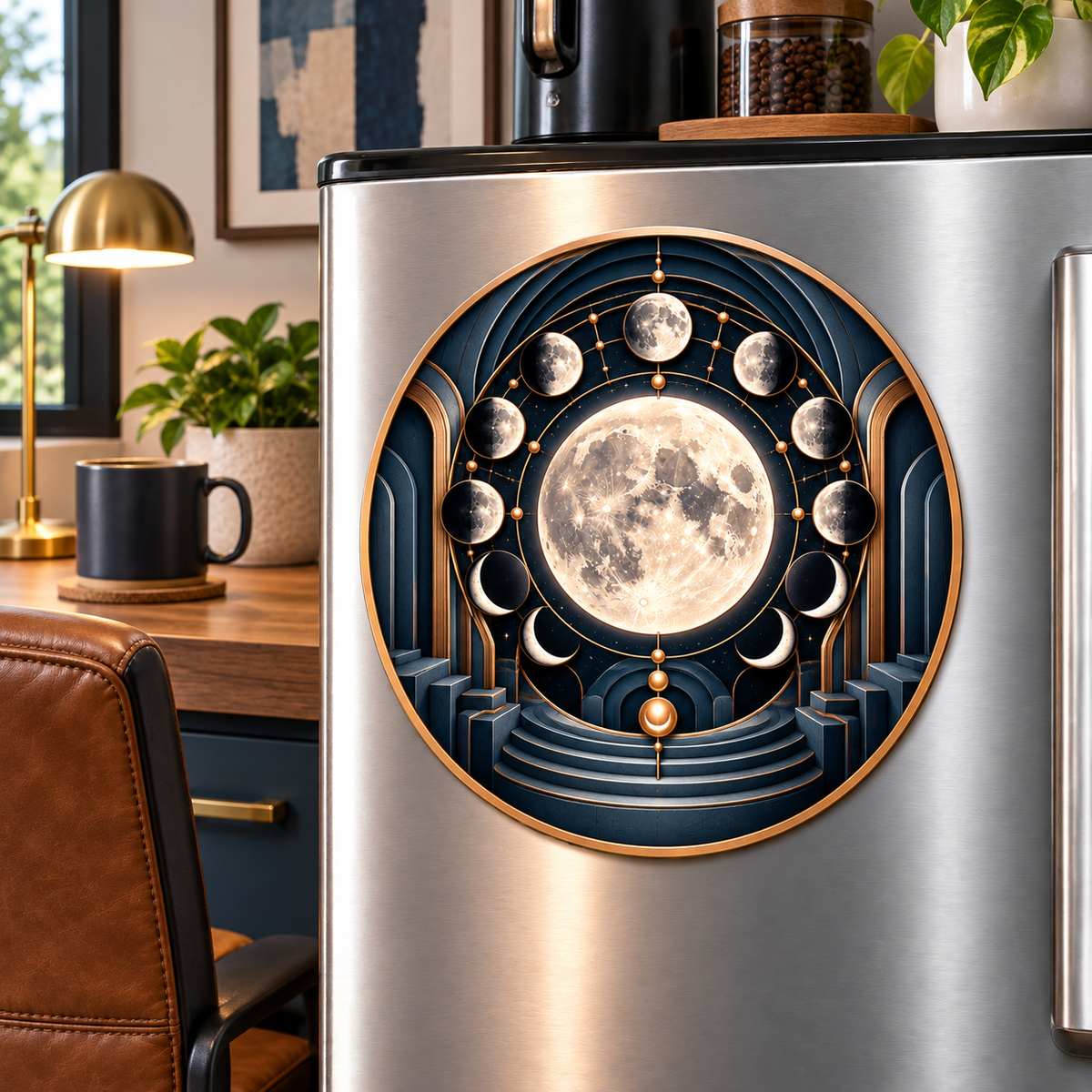 Lunar Blueprint Acrylic Refrigerator Magnet with printed optical 3D artwork in its use setting