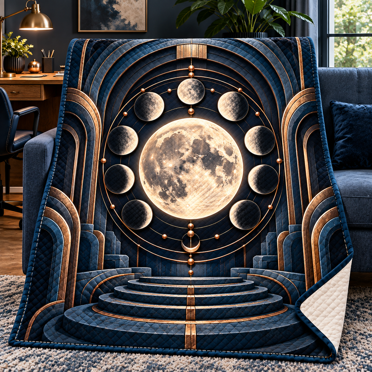 Lunar Blueprint Quilt Blanket with printed optical 3D artwork in its use setting