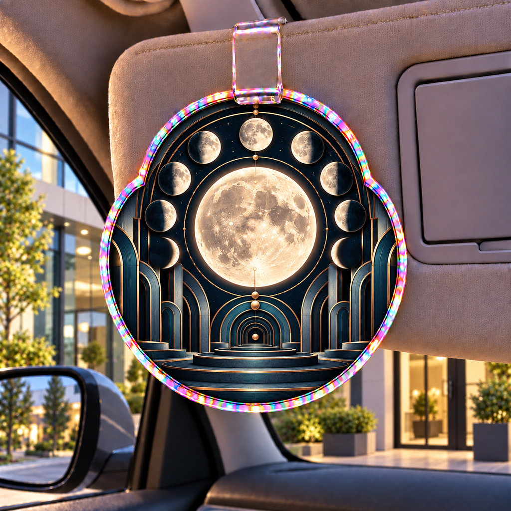 Lunar Blueprint Holographic Car Visor Clip with printed optical 3D artwork in its use setting