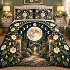 Moonflower Haven Quilted Bedding Set with printed optical 3D artwork in its use setting
