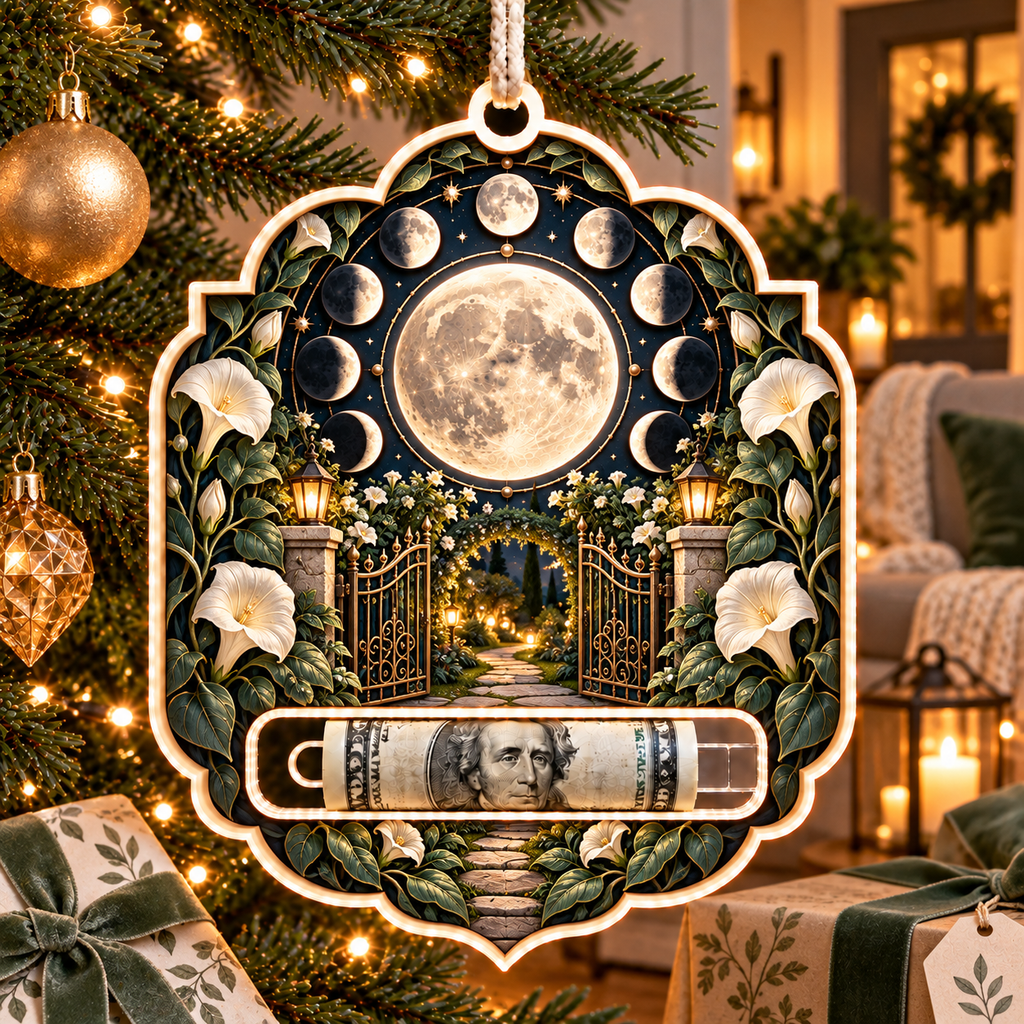 Moonflower Haven Acrylic Cash Holder Ornament with printed optical 3D artwork in its use setting