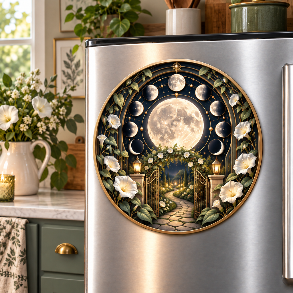 Moonflower Haven Acrylic Refrigerator Magnet with printed optical 3D artwork in its use setting